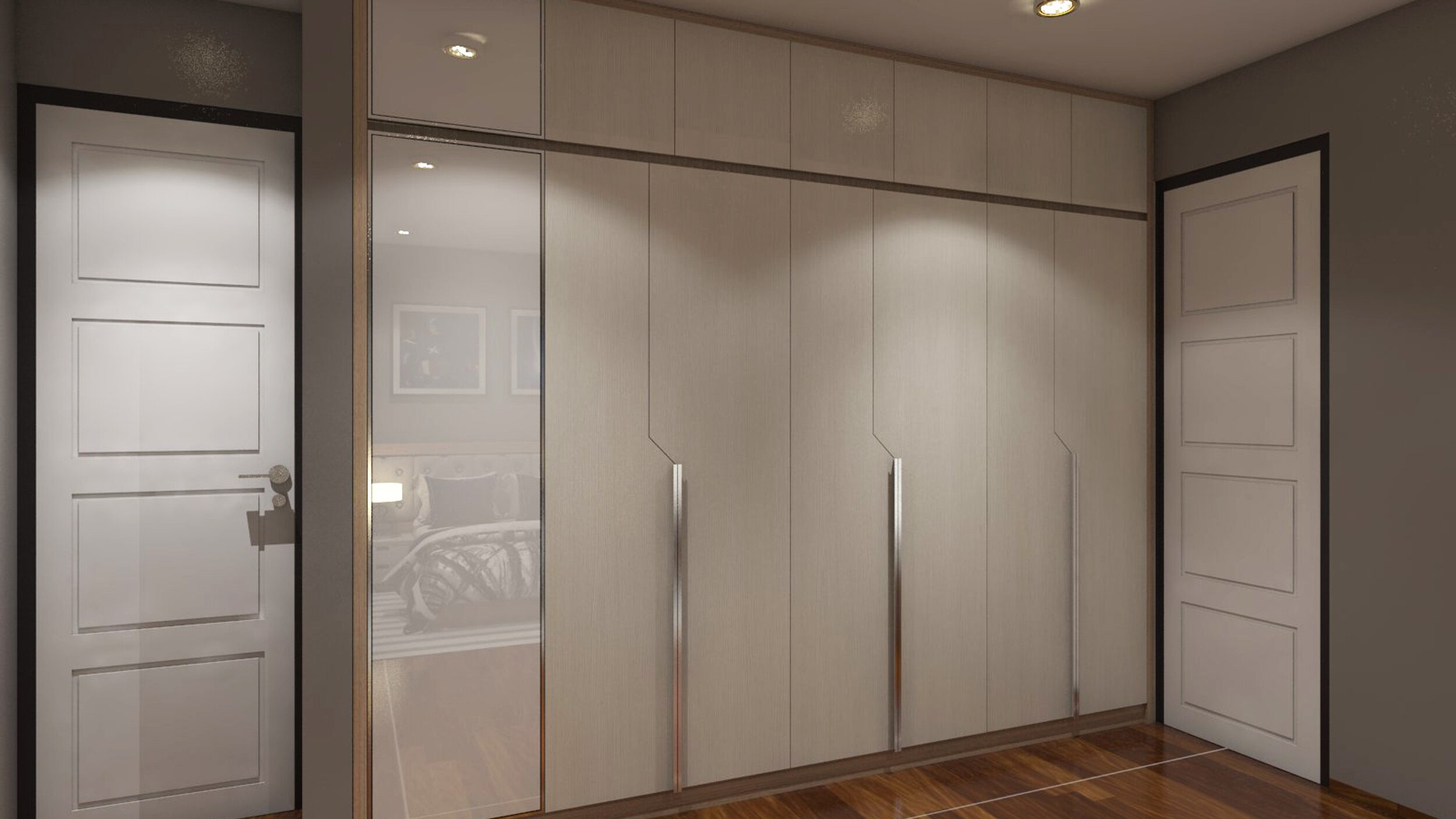 A modern, minimalist bedroom closet with sleek, light-colored wooden doors and long metallic handles. The closet is flanked by two white panel doors on either side, and the room features recessed lighting and a wooden floor.