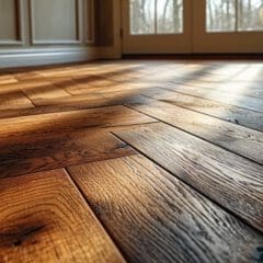 Warm sunlight streams through large windows, casting light and shadows on a herringbone-patterned wooden floor. The texture and rich color of the wood planks add depth and warmth to the inviting interior space.