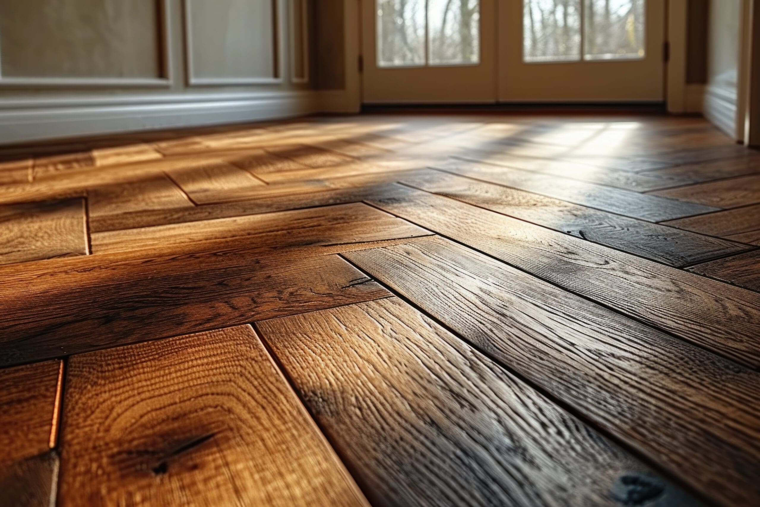 Warm sunlight streams through large windows, casting light and shadows on a herringbone-patterned wooden floor. The texture and rich color of the wood planks add depth and warmth to the inviting interior space.