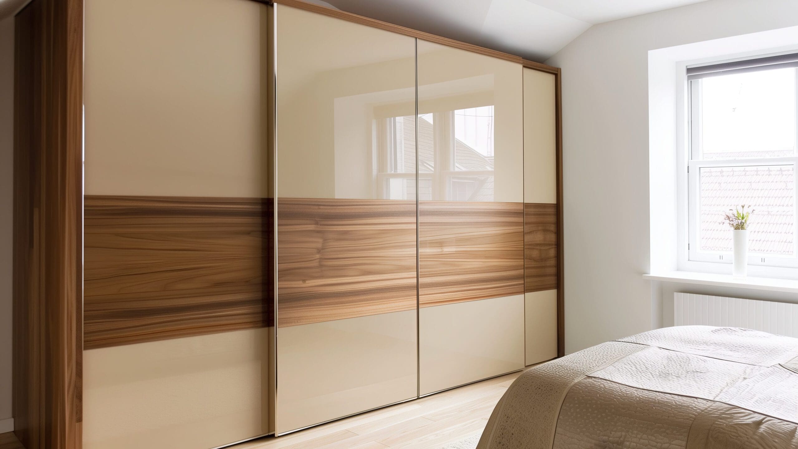 A modern bedroom with a glossy wardrobe featuring beige and wooden horizontal panels, a comfortable bed with a beige quilt, and a window allowing natural light into the room. The overall design is minimalistic and inviting.