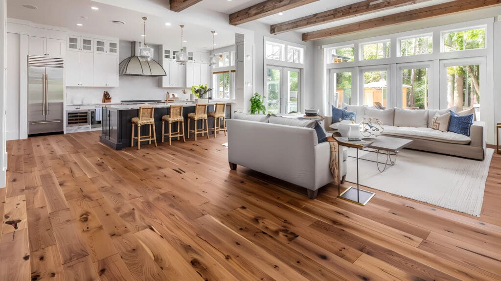 A modern open-concept living space with a kitchen and living room. The kitchen features white cabinets, an island with wooden barstools, and stainless steel appliances. The living room has a white sectional sofa, coffee table, and large windows letting in natural light.