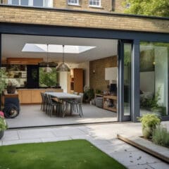 A modern open-concept kitchen and dining area with large sliding glass doors opens to a well-maintained patio. The space features stainless steel appliances, a skylight, and contemporary furniture. The patio is adorned with potted plants and vibrant greenery.