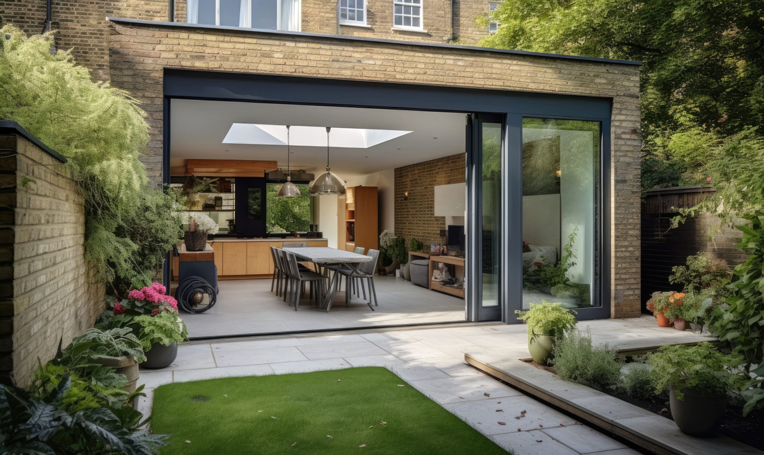 A contemporary open-plan kitchen and dining area extends into a well-maintained garden. The space features a large skylight, sliding glass doors, indoor plants, and stylish furnishings. The garden has potted plants, a patio area, and lush greenery.