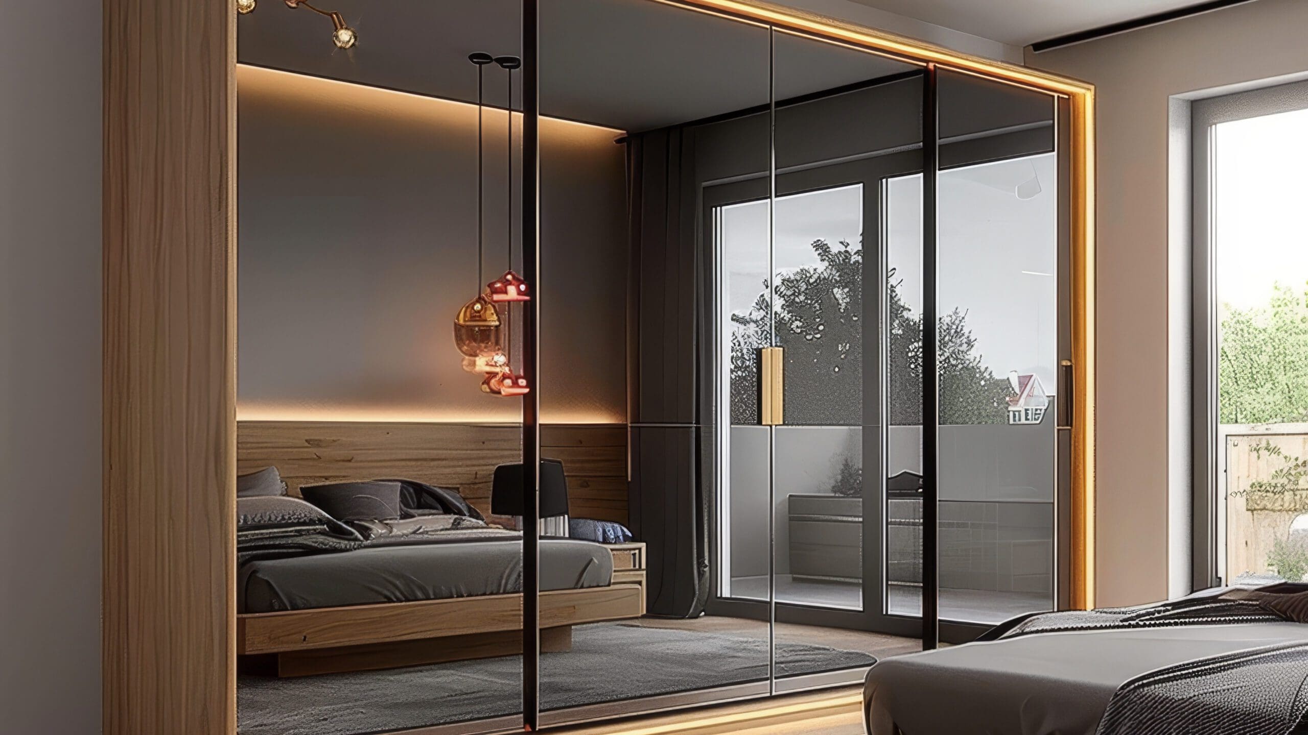 Modern bedroom with large mirrored sliding doors on a wardrobe reflecting the room. The space includes a bed with grey bedding, a wooden headboard, and pendant lights. A large window provides natural light, showcasing a patio with greenery outside.