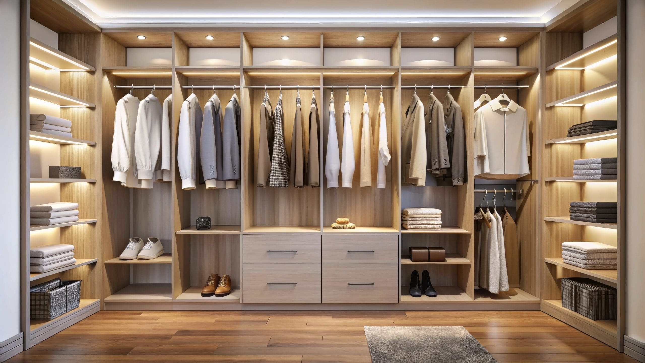 A neatly organized walk-in closet with wooden shelves and cabinets, featuring clothes hung on rods, folded shirts and sweaters, baskets, and neatly arranged shoes. The closet is well-lit with LED lights, creating a warm ambiance.