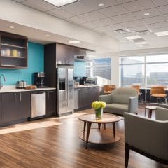 A modern office kitchen and lounge area with teal walls, wooden floors, and ceiling lights. It features coffee machines, a refrigerator, a dishwasher, a sink, and cabinets. Cozy seating includes two armchairs and a round table with yellow flowers, plus a dining area with large windows.