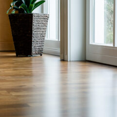 Close-up of a clean, shiny wooden floor next to a large window with sunlight streaming in. A woven basket with a green plant is placed near the corner, adding a touch of nature to the bright, modern interior.