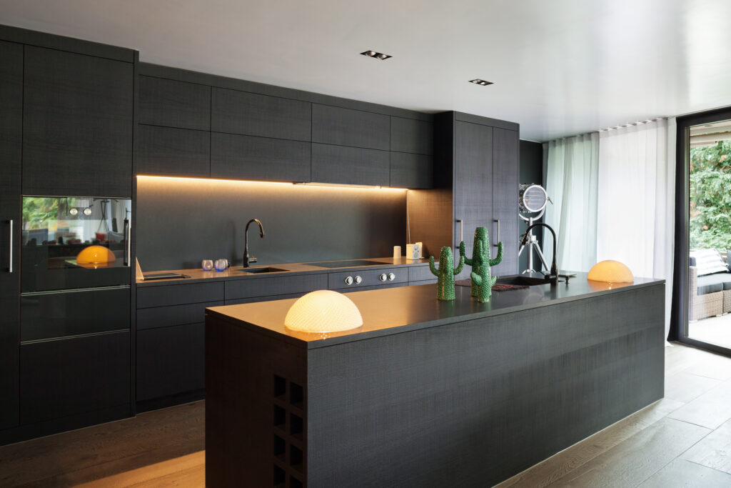 Modern kitchen with dark cabinets and a large island, under-cabinet lighting, minimalist decor, a black sink, and two decorative cacti on the island. Large windows let in natural light.